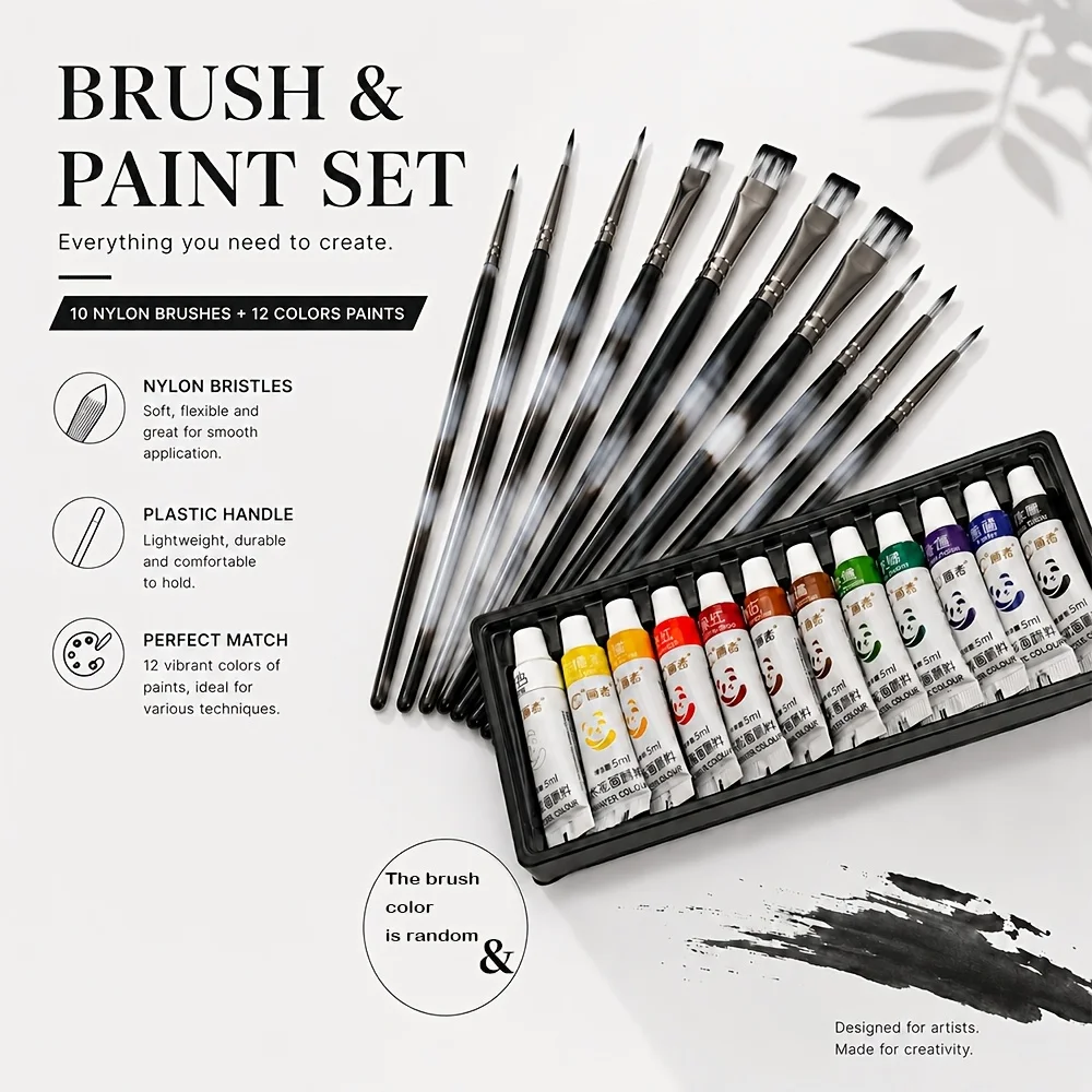 12 Colors Watercolor Paint Tube Set with 10 Multi-Size Nylon Painting Brushes Artist Drawing Kit Supplies for Beginners