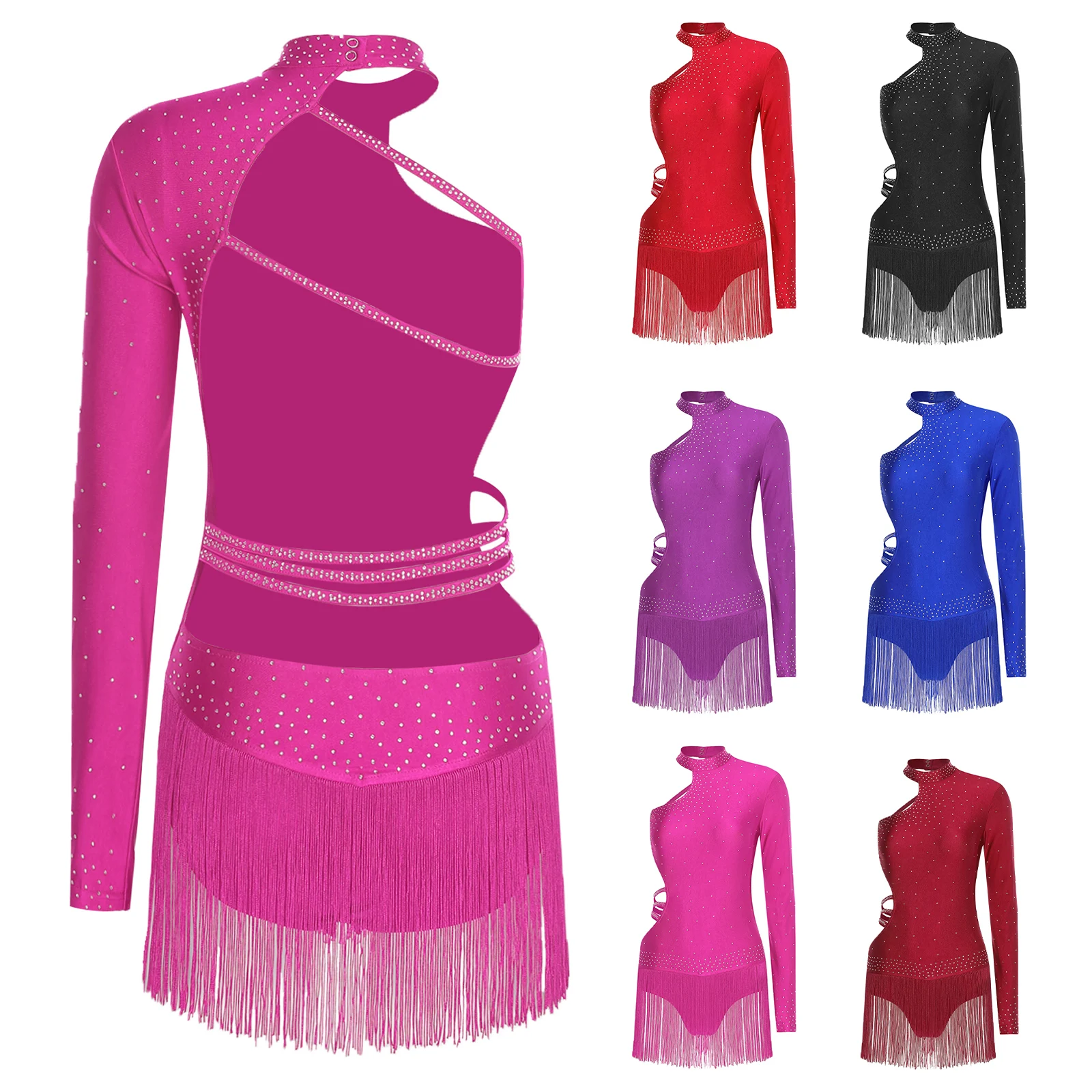 Body da ballo latino jazz da donna, costume da ballerina a maniche lunghe singola con design senza schienale e body da salsa con nappe