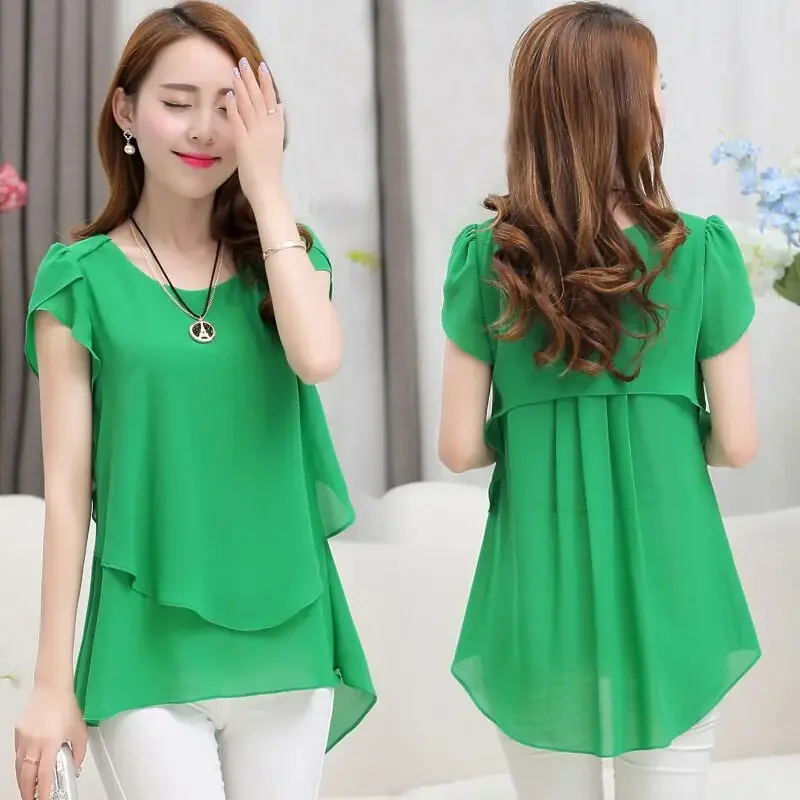 Blusa de gasa de manga corta para mujer, Camisa larga de oficina con volantes, Tops de verano, 4XL, 5XL