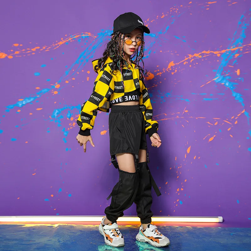 Dance Costume Clothes Wear Dance Outfit Hiphop Kids Hip Hop Clothing Yellow Black Hoodie Top Hollow Pants For Girl Jazz Ballroom