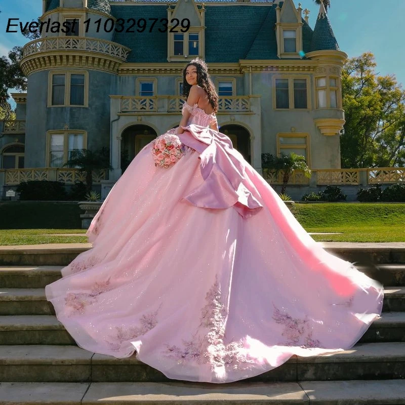 

EVLAST Pink Quinceanera Dress Ball Gown 3D Flowers Applique Beaded Corset Mexico With Bow Sweet 16 Vestidos De XV 15 Anos TQD648