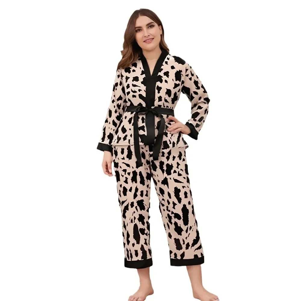 حجم كبير الإناث Pjs ملابس خاصة 2 قطعة سترة وسراويل دعوى النساء زهرة طباعة المتسكعون البيجامات فضفاضة حريري ملابس المنزل منامة