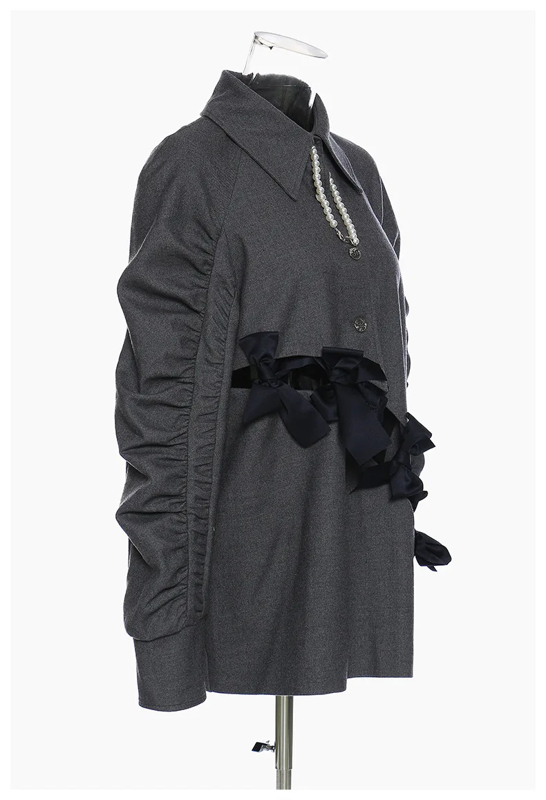 Haut à revers plissé à manches bouffantes pour femmes, avec nœud papillon, ajouré, Silhouette rajeunissante, chemisiers et chemises polyvalents, automne et hiver