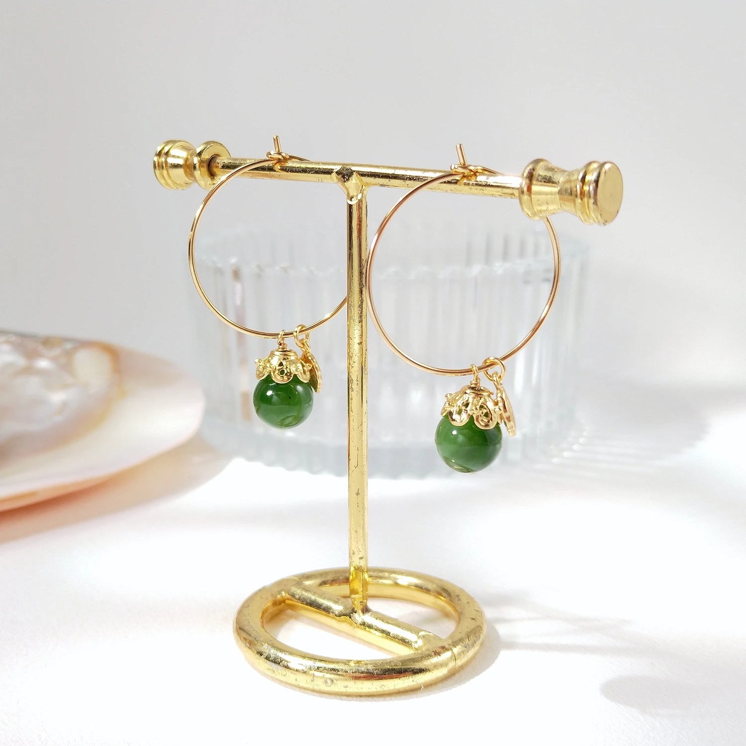 

Lii Ji драгоценный камень натуральный нефрит Хэтянь 10 мм стерлингового серебра 925 пробы 18 К позолоченные серьги-кольца с листьями