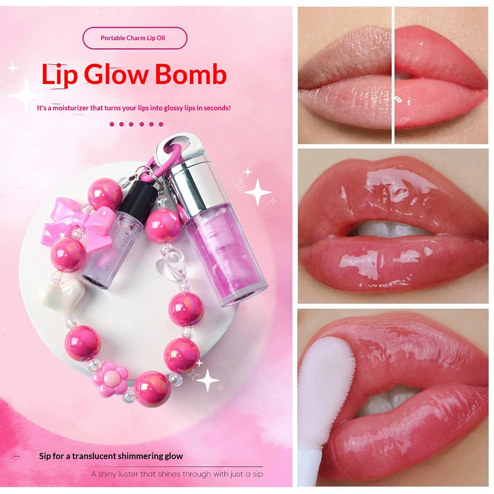 Óleo Labial de Marca Própria que Muda de Cor, Hidratante de Longa Duração, Logotipo Personalizado, Maquiagem, Pingente de Pulseira de Pérola em Formato de Laço