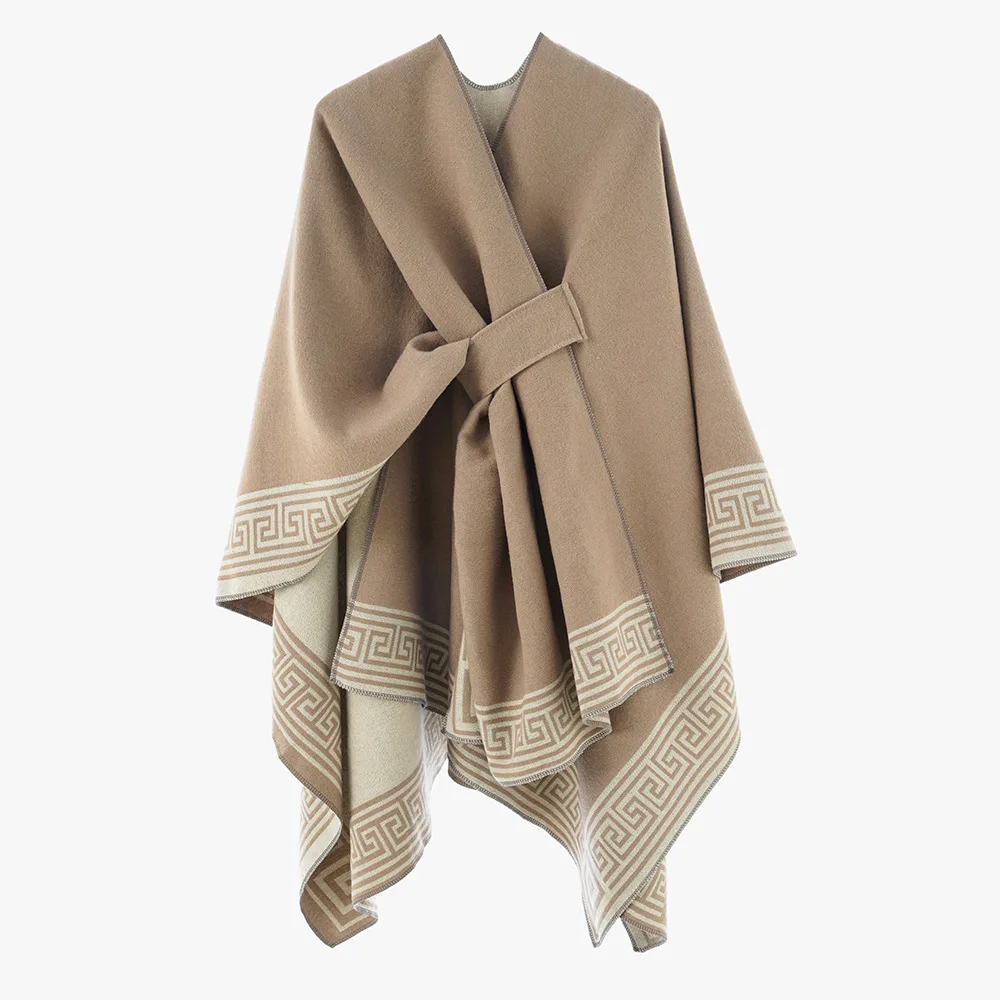 Vintage Greek Key Pattern Soft Faux Cashmere Cape Long Poncho Tie Closure Wraps Spring Fall Winter Warm Thick Shawl Unisex