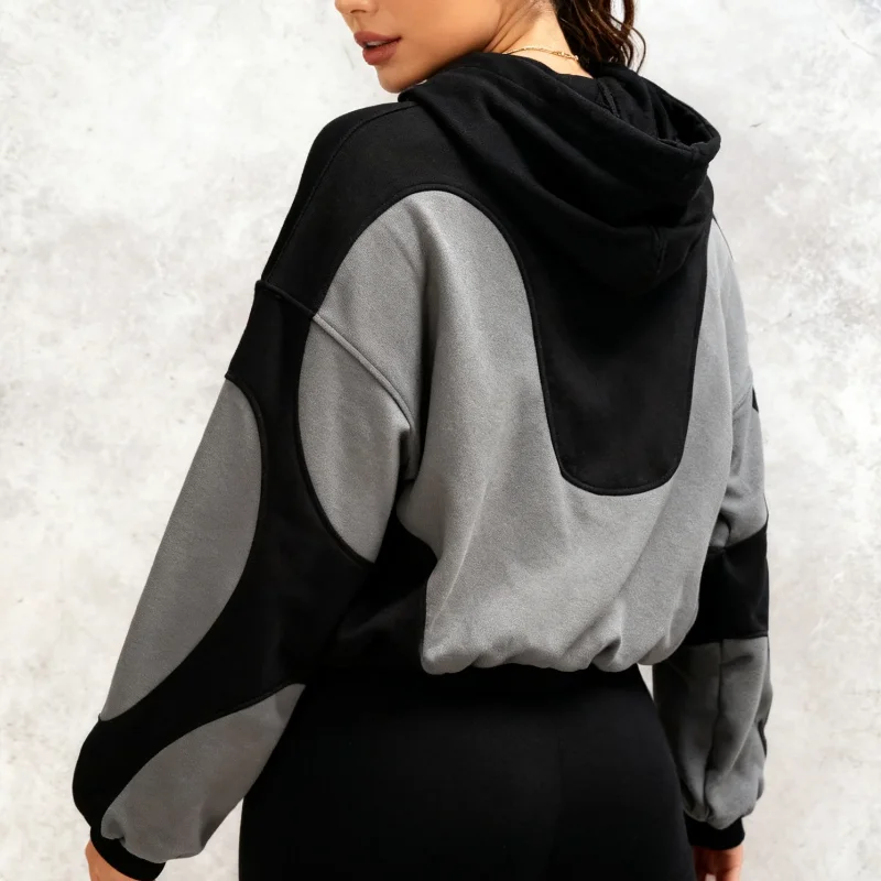 الخريف الشتاء ملابس كاجوال فضفاضة المرأة البلوز بسيط القوطية البلوز Y2K Harajuku أسود رمادي تقسم مطبوعة المرأة هوديي