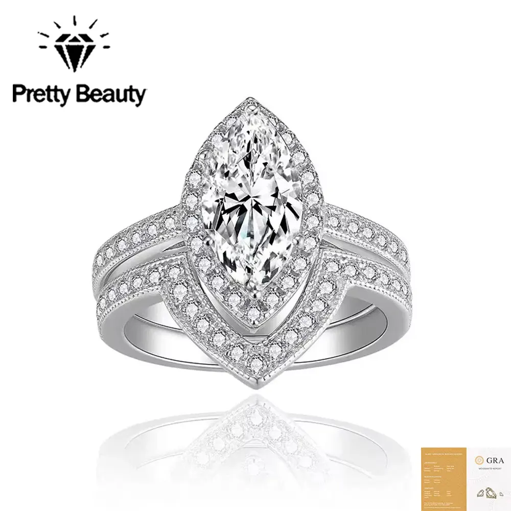 Pretty Beauty 2CT Marquise Cut Moissanite Engagement Ring Wedding Band Stackable Ring Set for Women 925 Silver Fine Jewelry Gift
