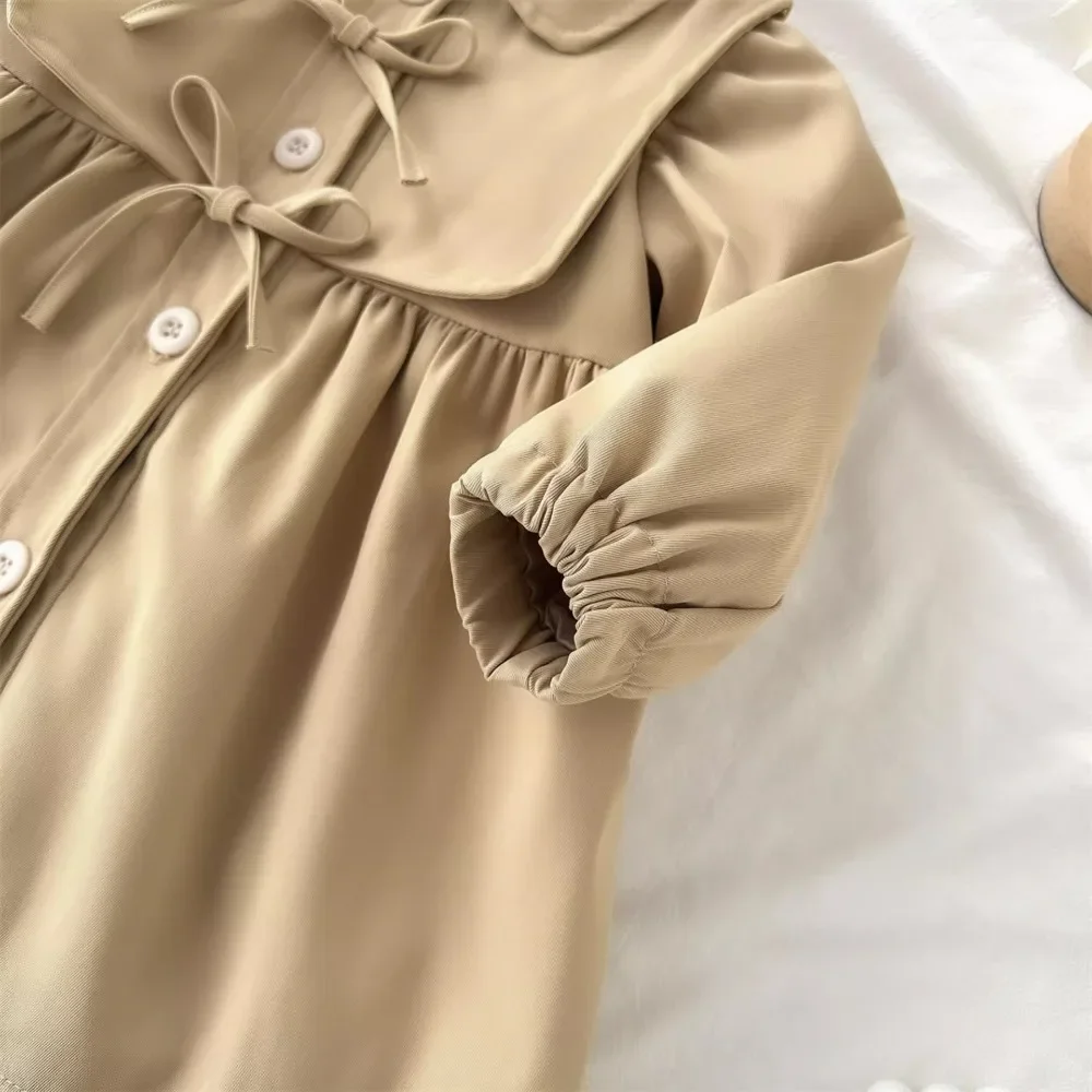 النسخة الكورية موضة جديدة بأكمام طويلة بلون الفتيات سترة الخريف الكاكي القوس الديكور الأطفال سترة واقية معطف #4