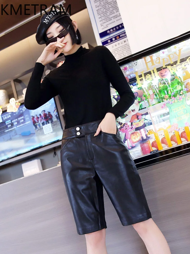 KMETRAM 100% Top Layer of Sheepskin Women Pants 2025 Autumn Genuine Leather Black Knee-length Shorts Woman Clothing штаны