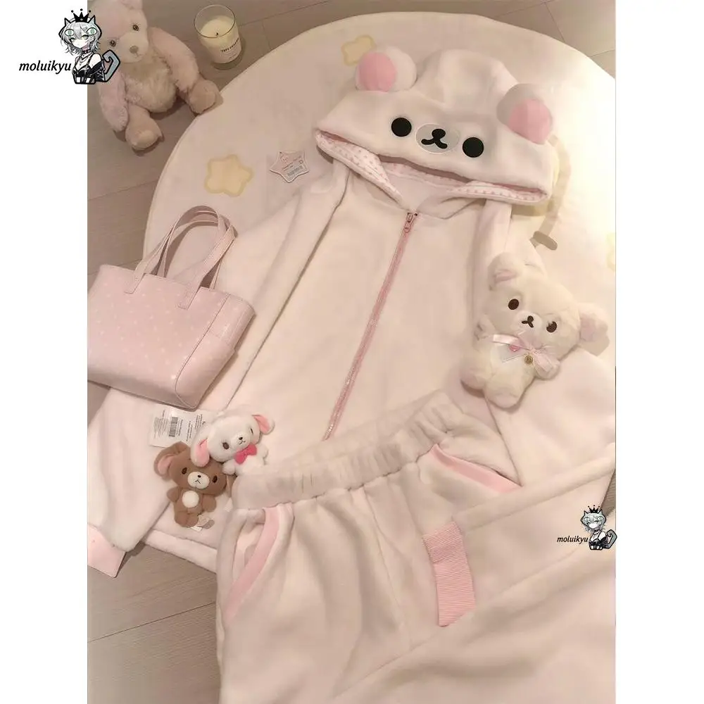 Y2K Kawaii Bear Fluffy Pajamas Set 3D Bear Ear Hood Zip Up Coral Fleece Warm Winter Women Loungewear Sleep White Home Wear Gift
