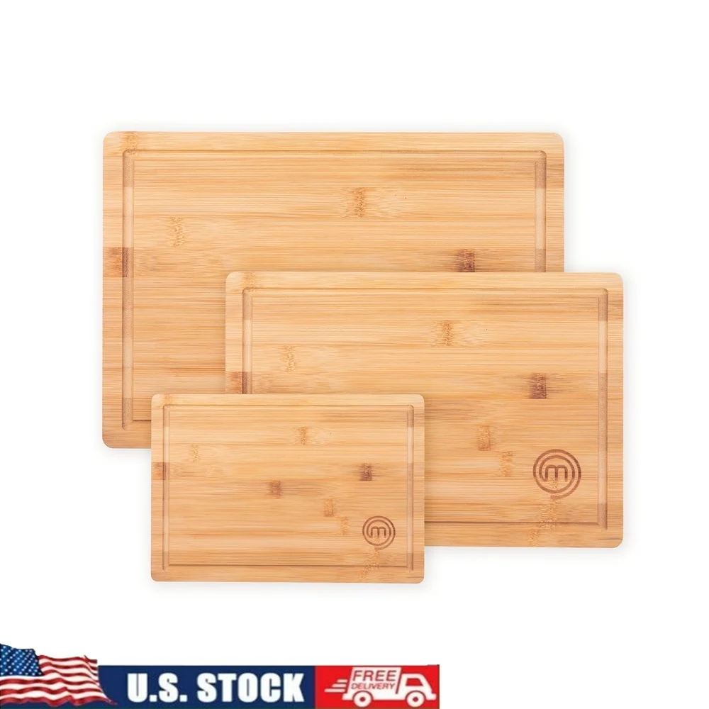 

3 Piece Bamboo Cutting Board Set Eco-Friendly Kitchen Boards Easy Clean Non-Porous Natural Sustainable Rectangular Chopping Prep