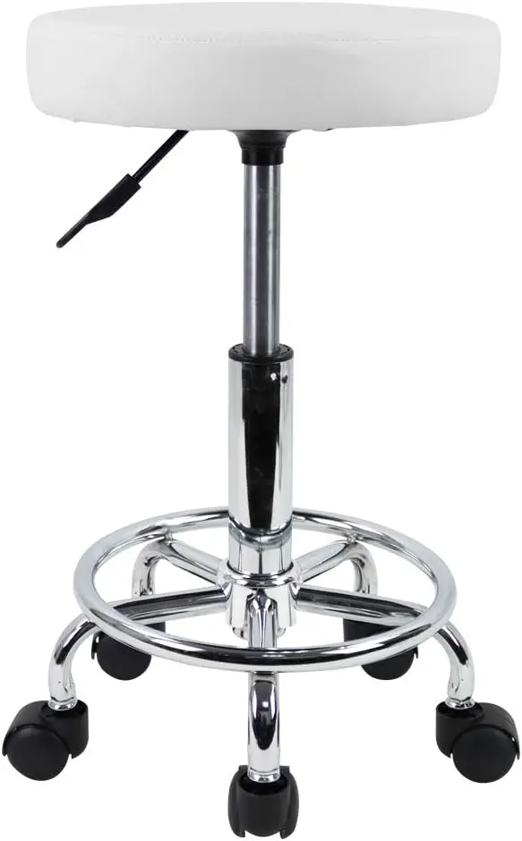 PU Leather Round Rolling Stool with Foot Rest Swivel Height Adjustment Stools Task Chair Small (White)