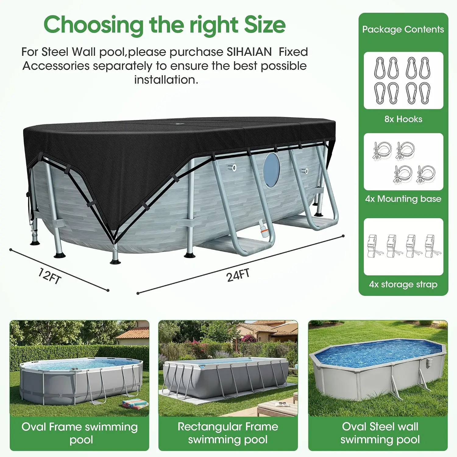12x24Ft Oval Pool Cover Patented Design Four-Corner Locking 500D Rectangular And Oval Pool Cover, Prevent Water Accumulation
