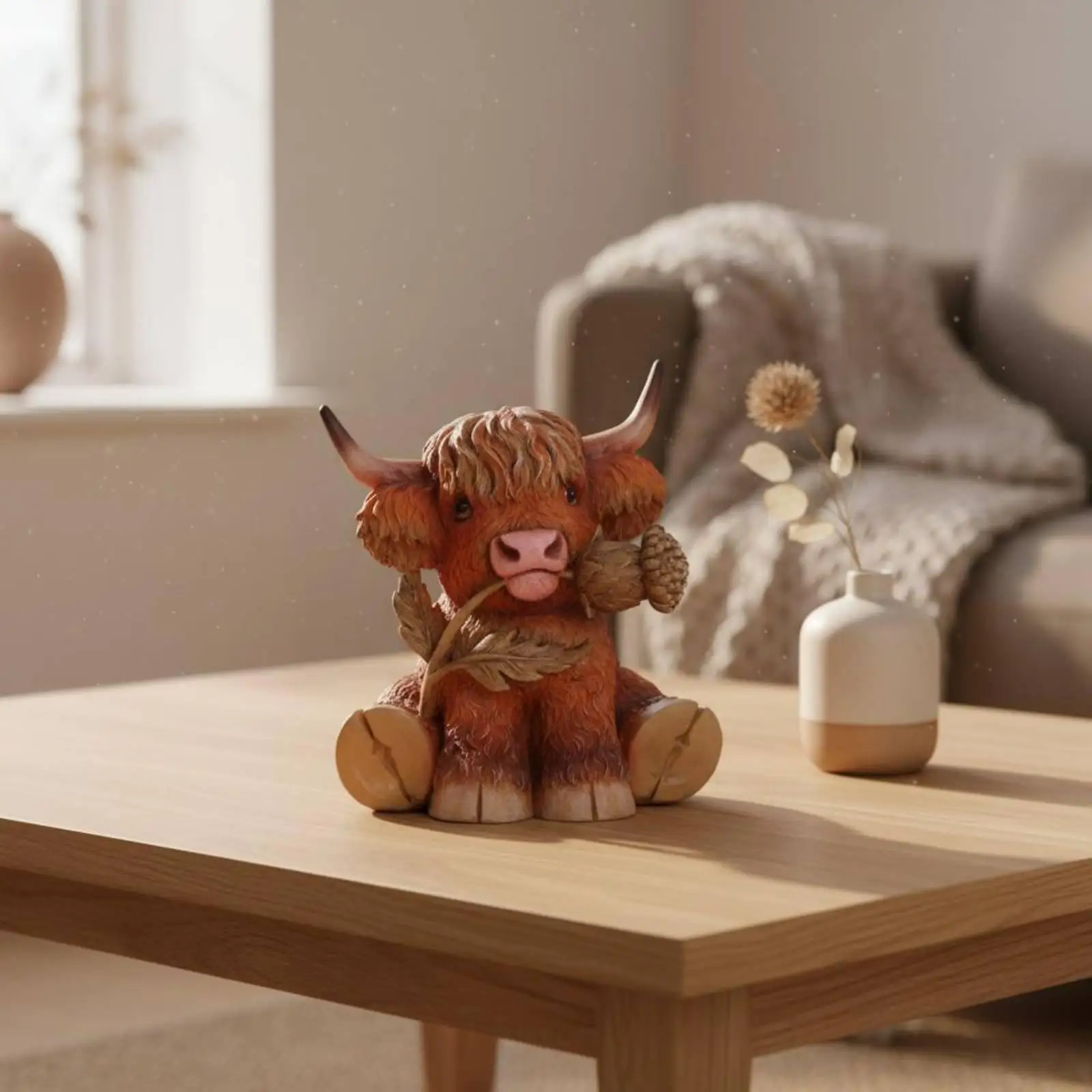 Resin Calf Figurine with Flower Highland Cow Statue for Office Desk Decor Charming Animal Sculpture Rustic Home Accent Piece