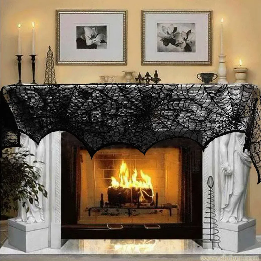 Halloween Thanksgiving Spiderweb Lace Fireplace Scarf 18x96 Inch Cover Party Decoration for Castle Haunted House
