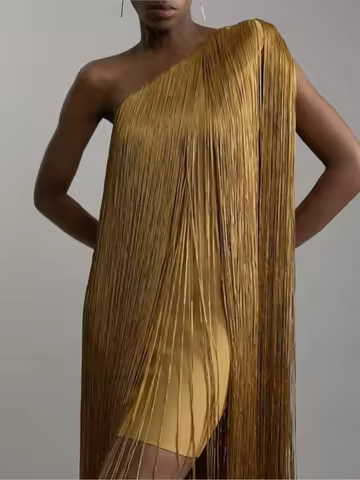 Summer Solid Color Sleeveless Evening Dress Women's Fashion Slanted Neck A-line Dress Asymmetric Off Shoulder Slim Tassel Dress