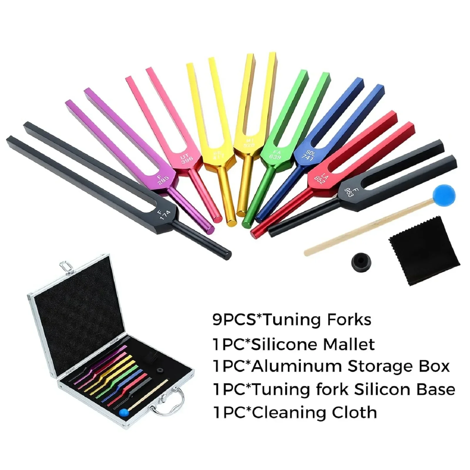 Colorful Solfeggio Tuning Forks Set 174/285/396/417/528/639/741/852/963Hz with Hammer Aluminum Box for DNA Healing Sound Therapy