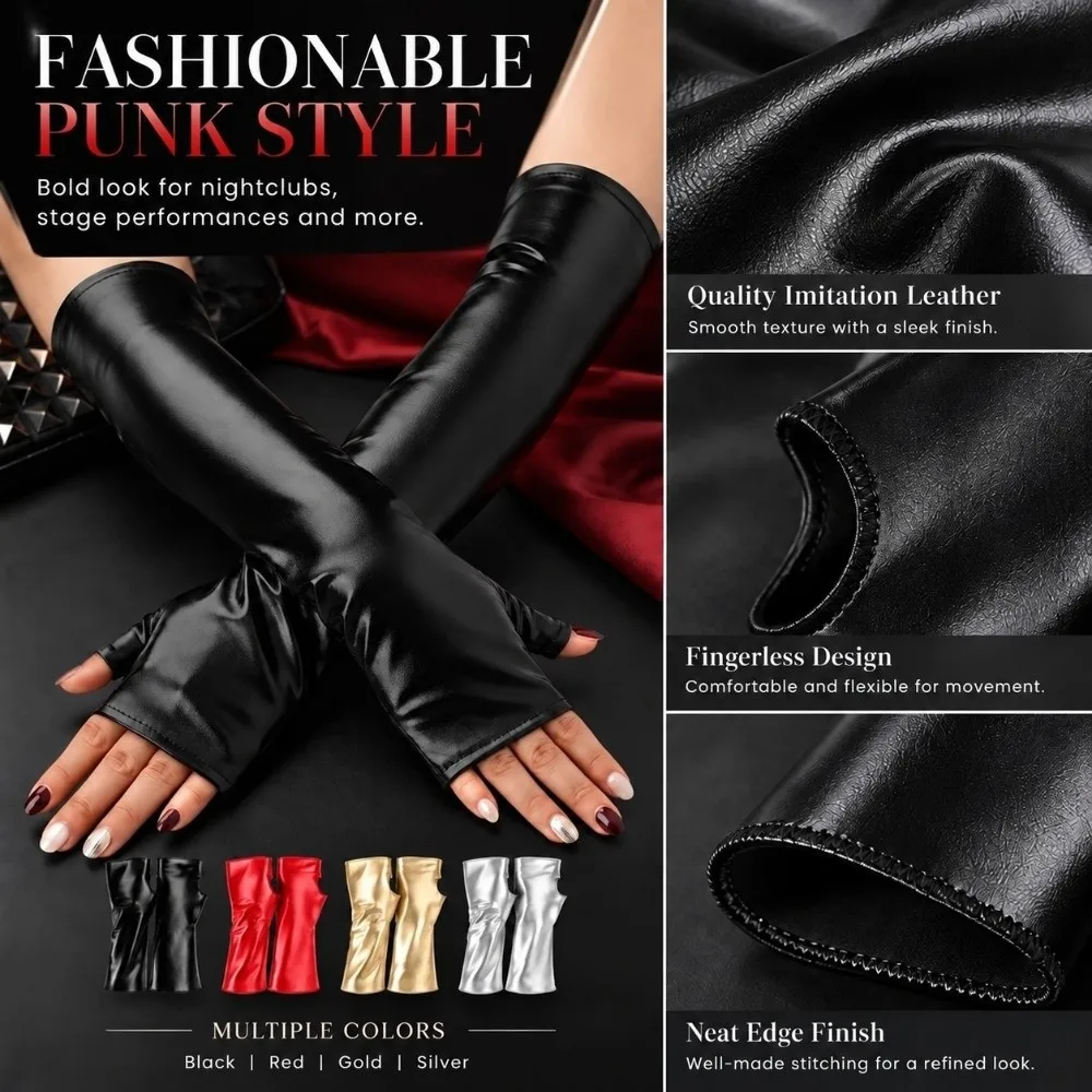 1 Pair Glossy Finish Fingerless Gloves Punk Style Thin Performance Gloves Imitation Leather Girl's Sleeve Set Half Finger Gloves