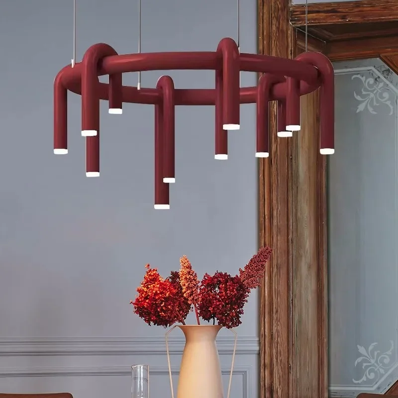 Designer U Chandelier Shaped  LED Red Round Pendant Lamp for Living Room Bedroom Restaurant Modern Minimalist Circle Chandelier