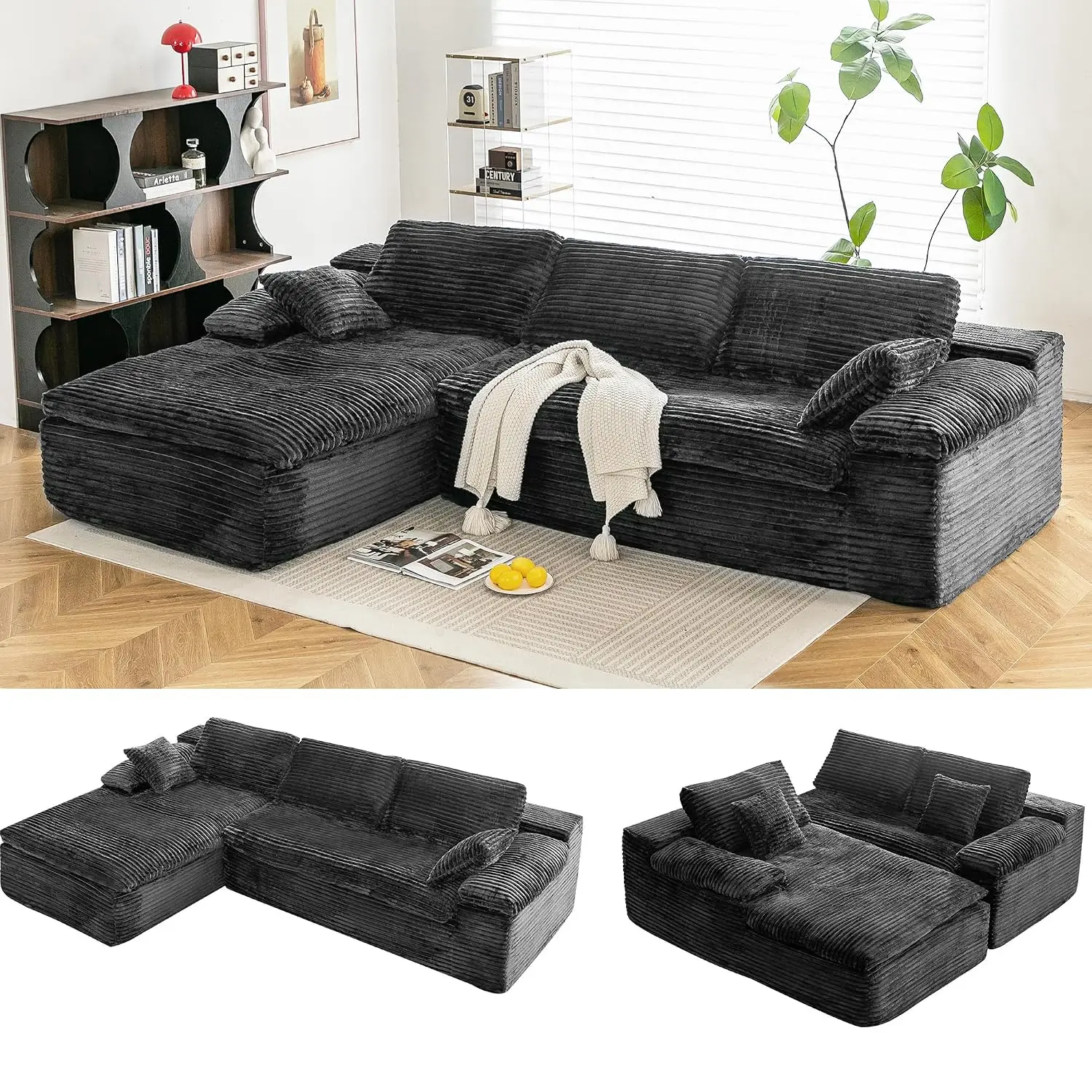L Shaped Modular Sectional Sofa, Cloud Boneless Couch With Fluffy Cushion, Floor Sofa, No Assembly, Corduroy, Black, Customized