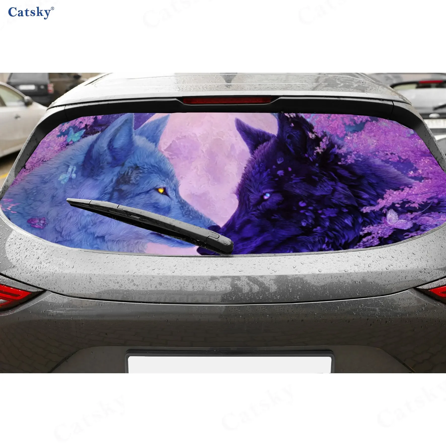 Dreamy Wolves in a Magical Purple Forest PVC Perforated Car Vinyl Wraps, Durable Car Rear Windshield Sticker, Waterproof Car Rea