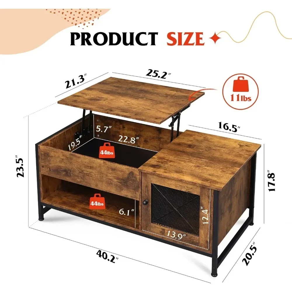 Table basse relevable avec rangement, compartiment GNE et étagère ouverte, tables de salon avec armoire à porte en maille métallique pour la maison