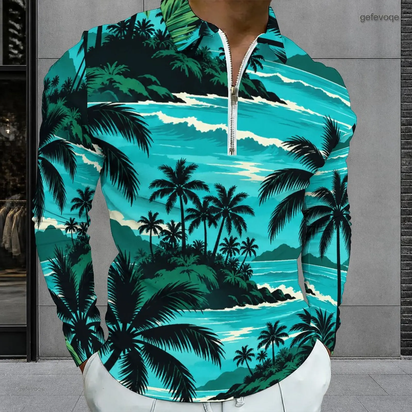 Men Black White Tropical Floral Leaf Print Long Sleeve Quarter Zip Polo Shirt