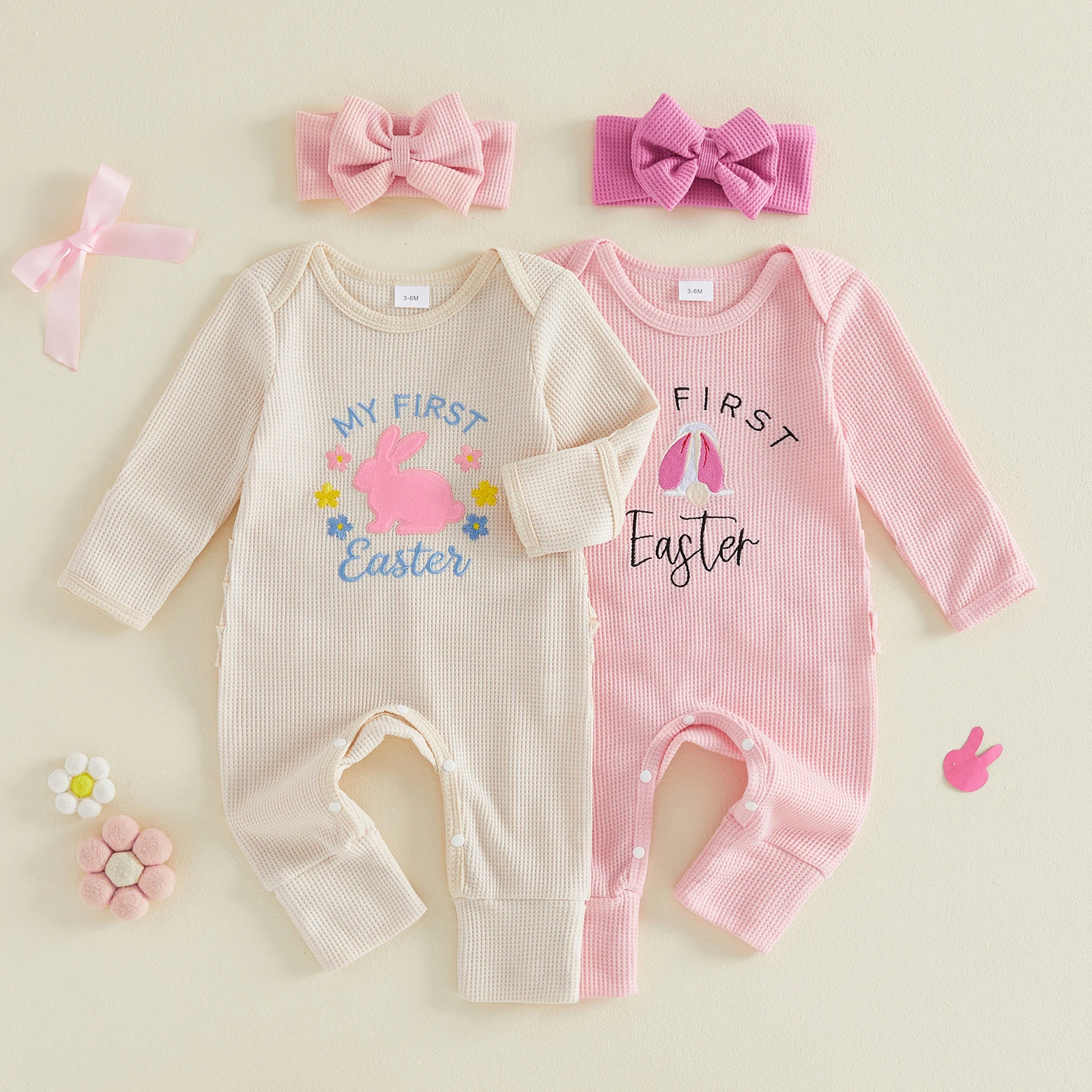 2026 Spring New Baby Girls Easter Outfits Bunny Letter Embroidered Crew Neck Long Sleeve Romper with Bow Headband 2 Pcs Set