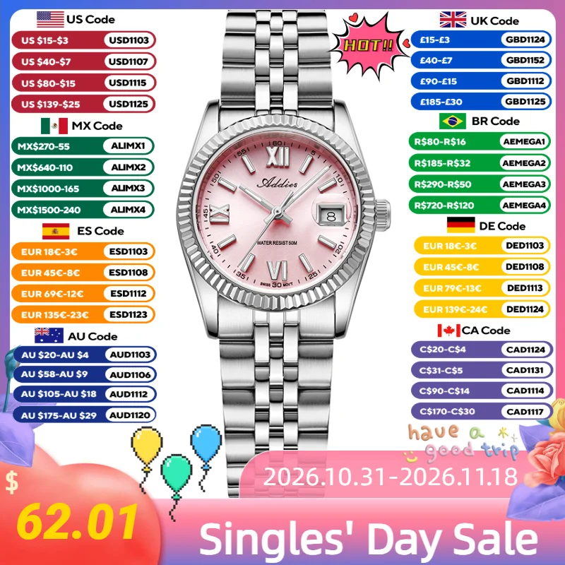 ADDIES Luxury Ladies Quartz Watch Sapphire Glass Calendar Waterproof Women's Watches BGW9 Luminous Stainless Steel Wristwatches