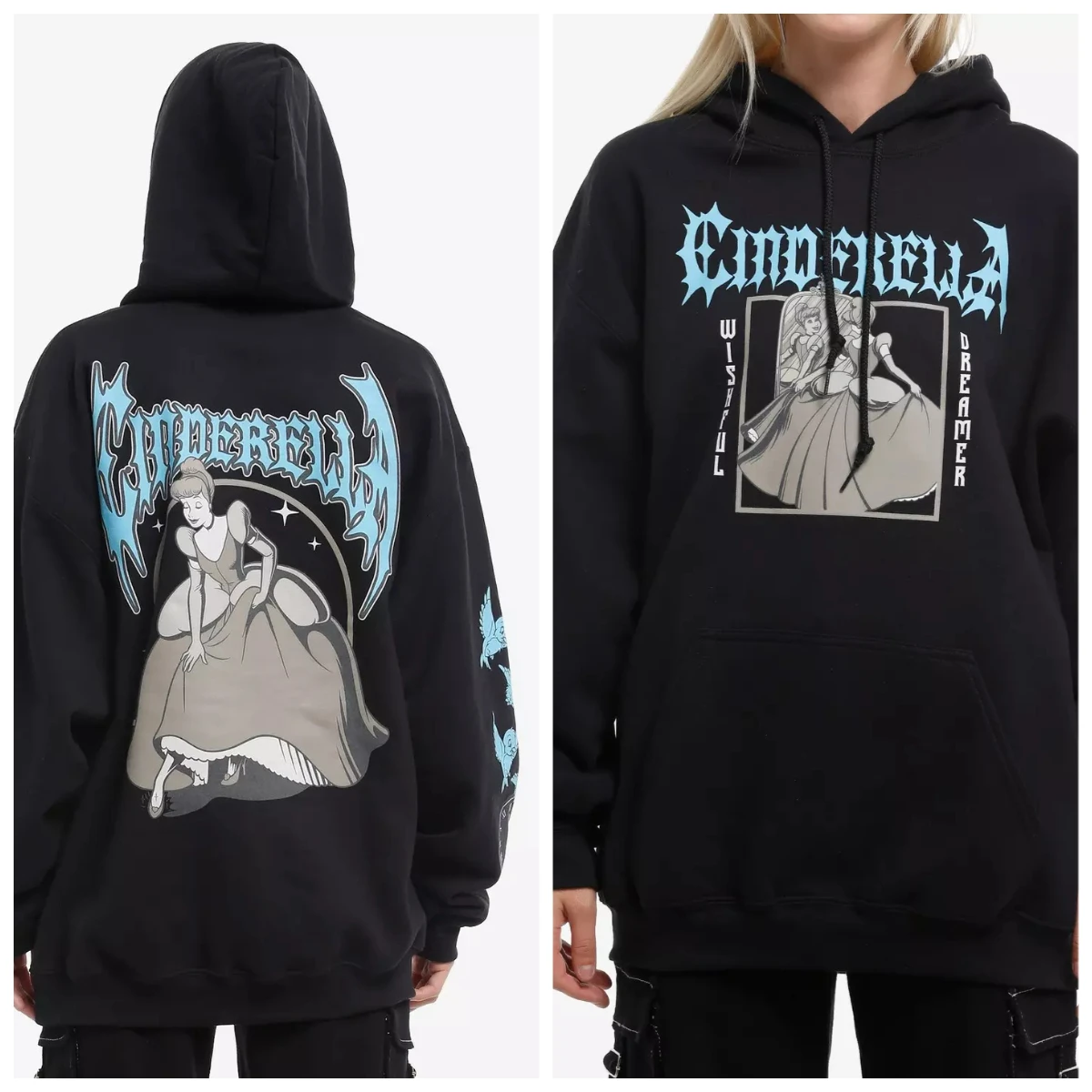 

Хлопковая флисовая толстовка унисекс Disney Cinderella, черный цвет, передний эскиз сзади, большой дизайн с классическими перчатками, тема каретки