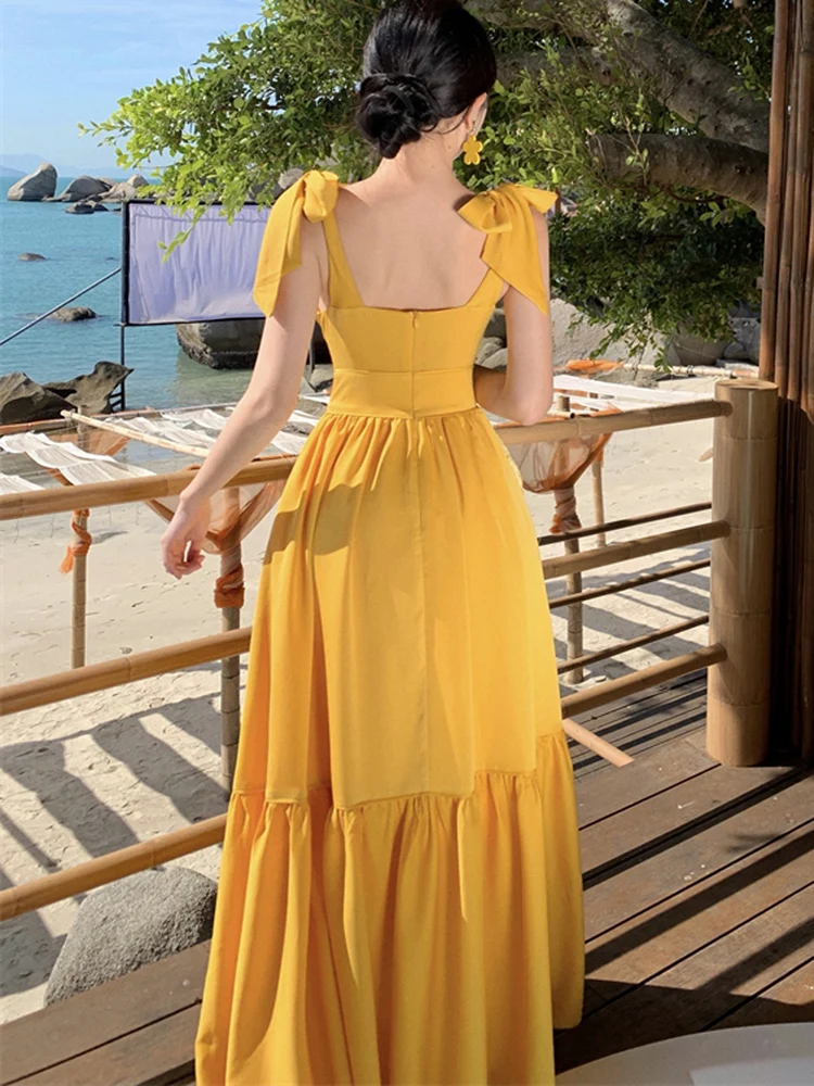 Sexy Fashion Bohemia Yellow Long Dresses For Women 2024 New Summer Beach Vacation Sleeveless Bandage Slim Big Swing Dress Female