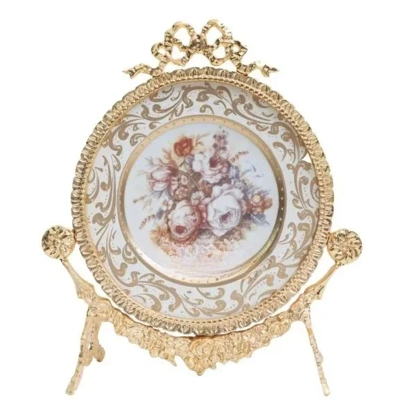 Luxury antique porcelain and gold brass decorative centerpiece set of floral painted vases with ornate European plates