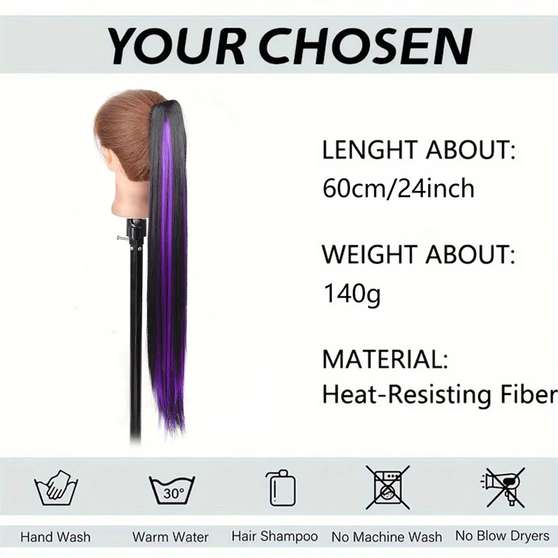 24 Inch Long Straight Ponytail Extension Black Purple Highlight Synthetic Hairpiece 140g Heat Resistant Pony Tail Women