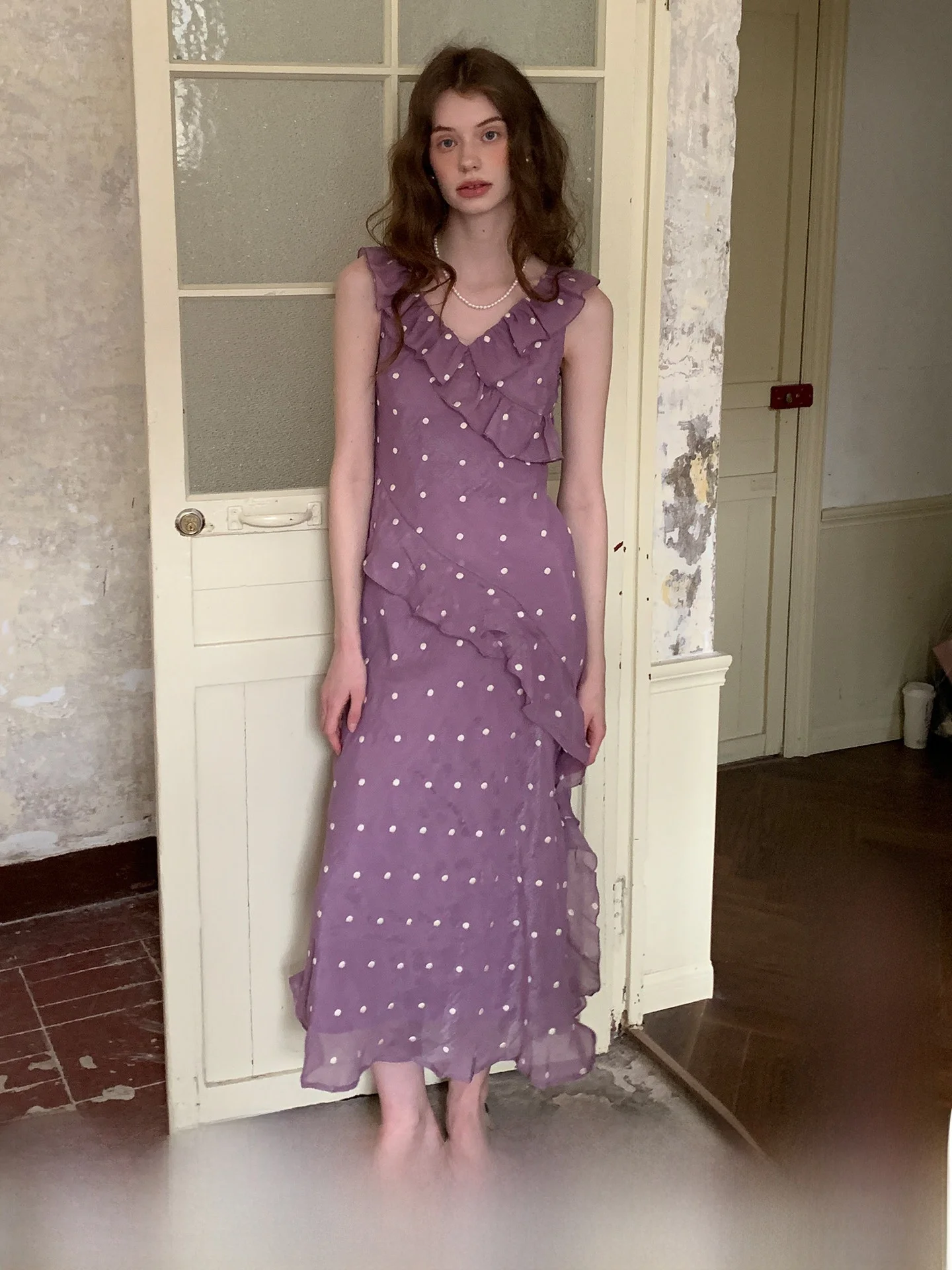 

Original ZHUYIYI High-End Polka Dot Lace Trim Halter Dress Women's Spring Long Gown French Style High Waist Breathable Cotton...