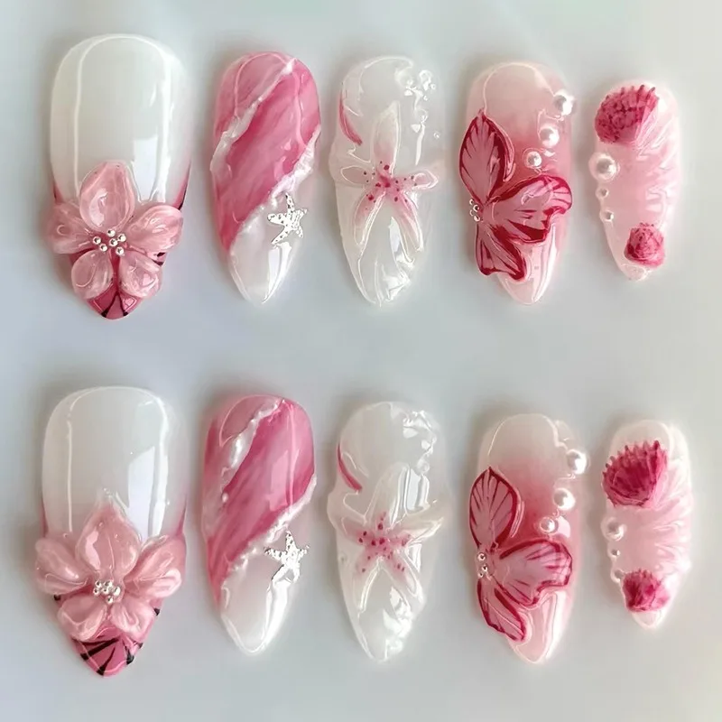 

24PCS Sweet Pink Smudging French Press on Nails Full Cover 3D Flower Seastar Almond Fake Nails for Women Fashion Beauty Ins Nail