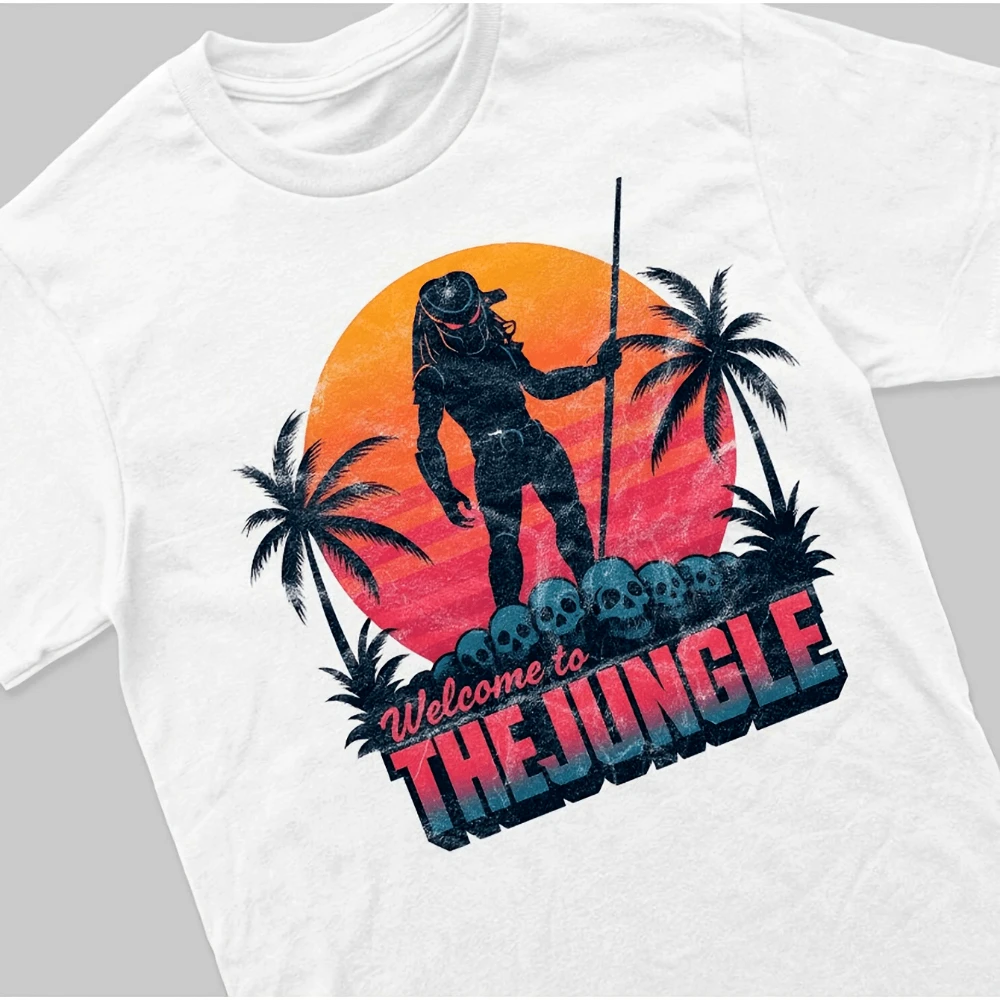 Camiseta con gráfico retro inspirada en la película Predator, una camiseta blanca con estampado de Welcome To The Jungle, mercancía auténtica de películas de acción.