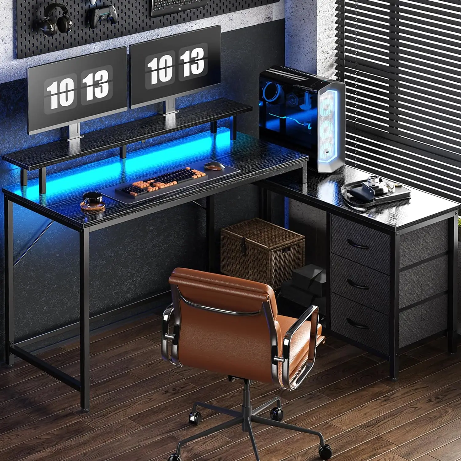 Reversible L Shaped Computer Desk with Drawers, Gaming Desk with LED Lights and Power Outlets, Office Desk with Storage