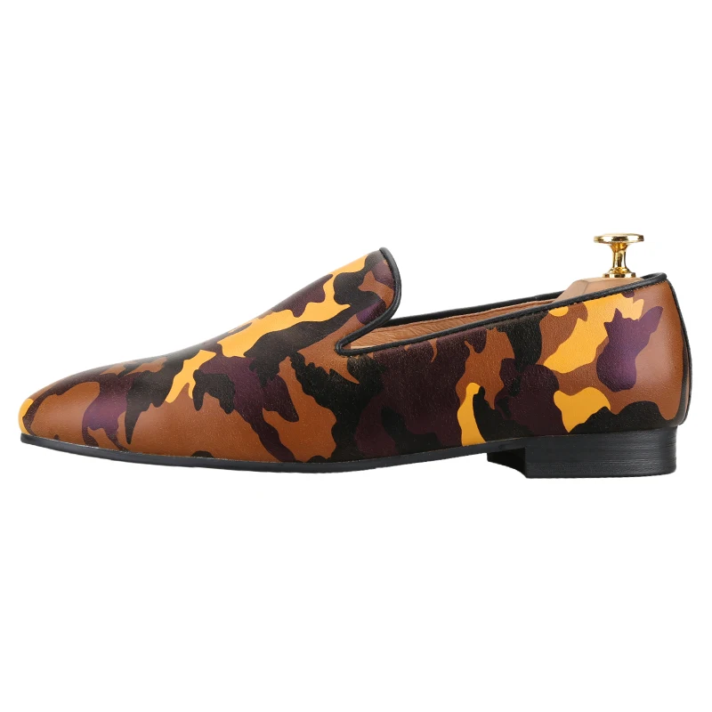 Piergitar Summer Style Multi-Color Camouflage Pattern Genuine Leather Men's Loafers Handmade Slip-On Smoking Slippers Plus Size