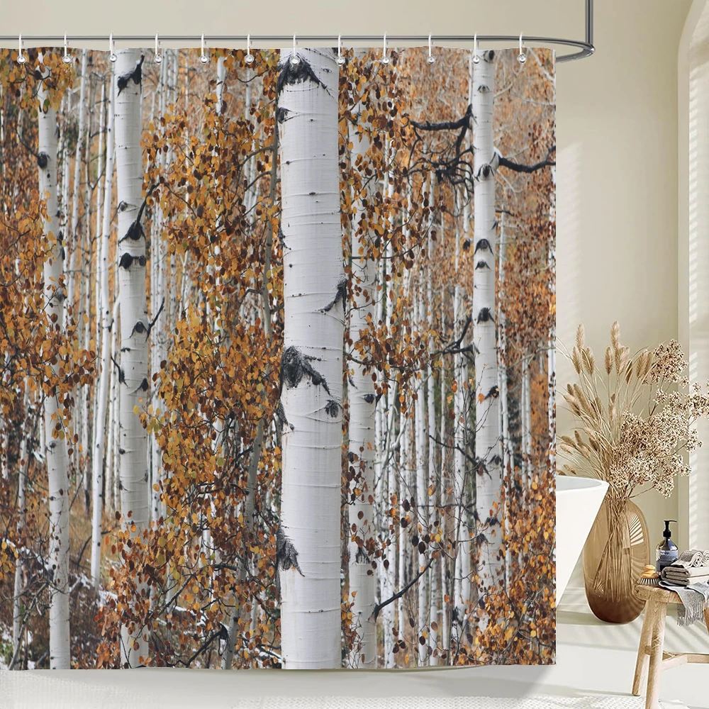 High Quality Birch Forest Fabric Shower Curtain Waterproof Natural Landscape Printed Bath Curtains for Bathroom Decor with Hooks