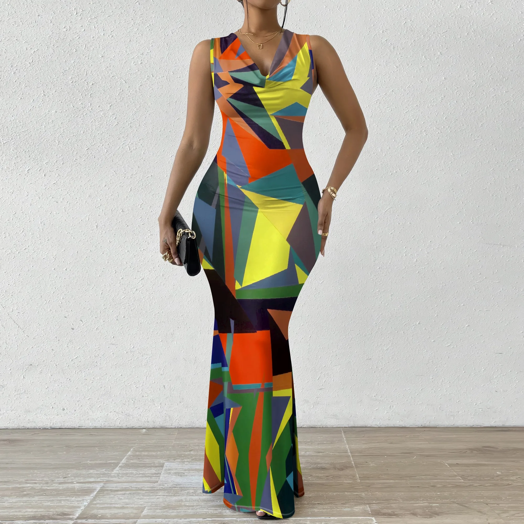 

Colorblock Abstract Maxi Dress XS-2XL Sleeveless V-Neck Mermaid Style for Art Event, Afro Streetwear or Music Festival Look