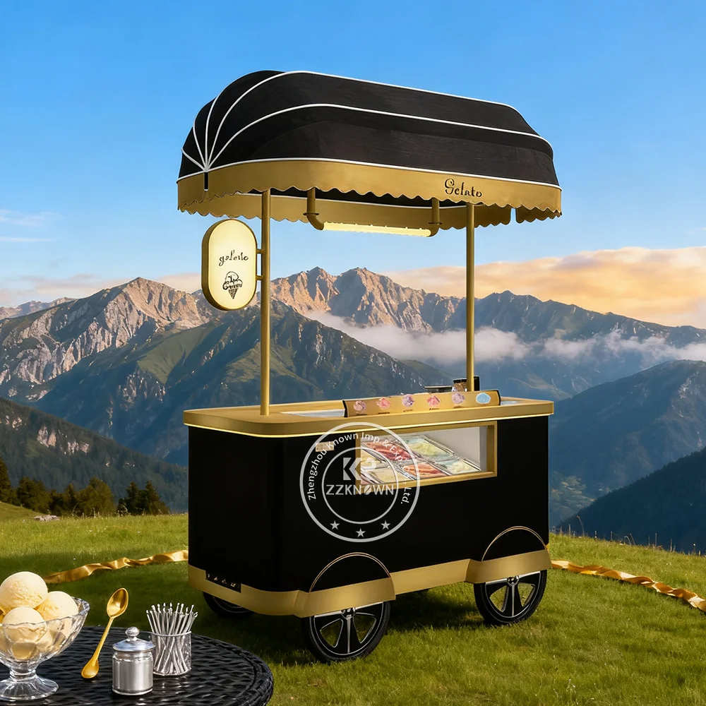 

Fast Food Snack Cart Hand Push Mobile Ice Cream Cart with Freezer for Hotdogs and Chips