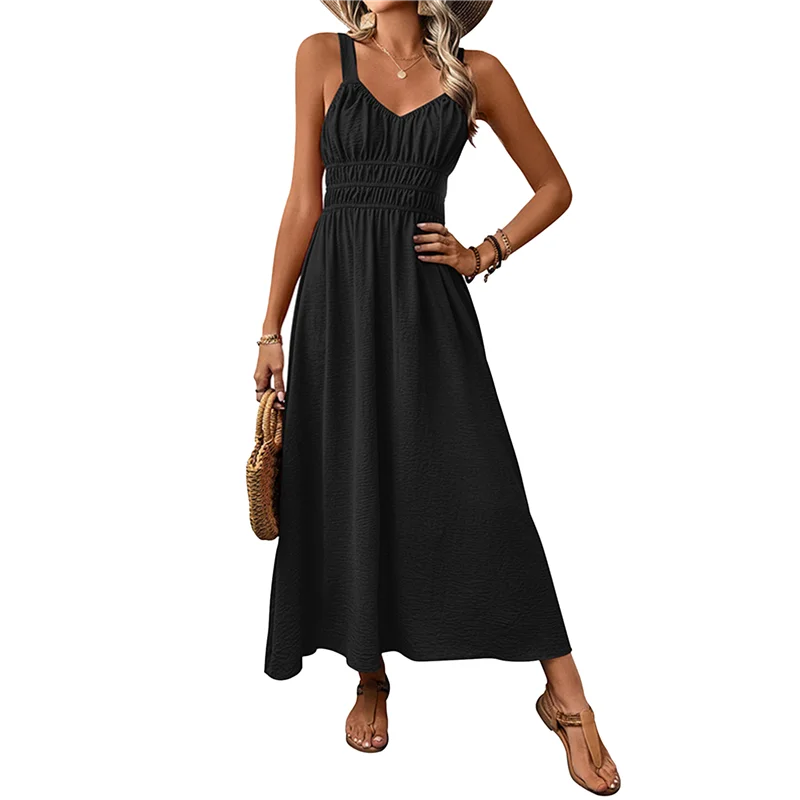 TEXU ผู้หญิง Smocked Maxi Dresses 2025 ฤดูร้อน Beach Sundress Casual สปาเก็ตตี้สายคล้อง Swing ยาว Flowy Dress