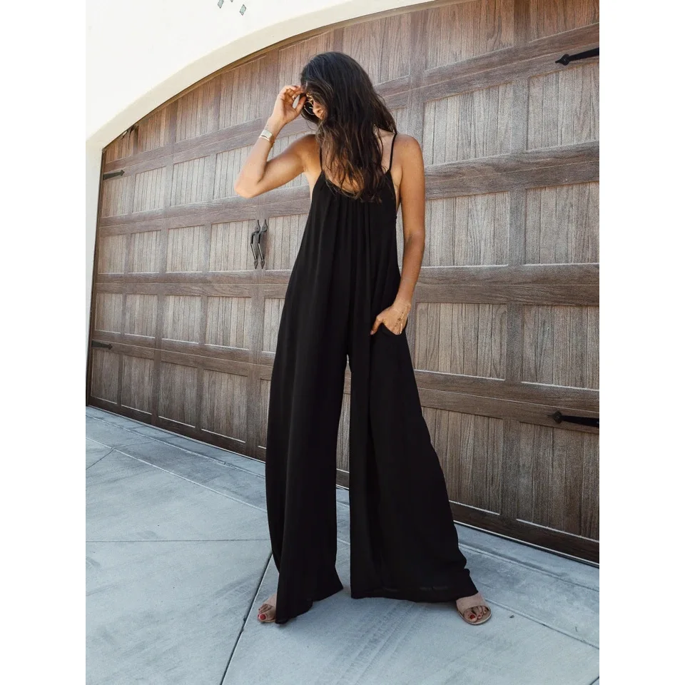 BKLD Solid Color 2024 Summer New Sexy V-Neck Spaghetti Strap Loose Jumpsuit Casual Vacation Outfis For Women One Pieces