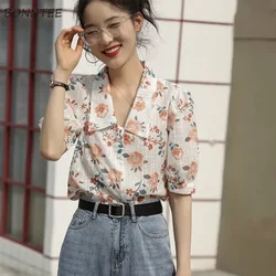 Shirts Women Short Sleeve Turn-down Collar Summer Leisure All-match Print Chic Streetwear Chiffon Female Blouses Ulzzang Daily