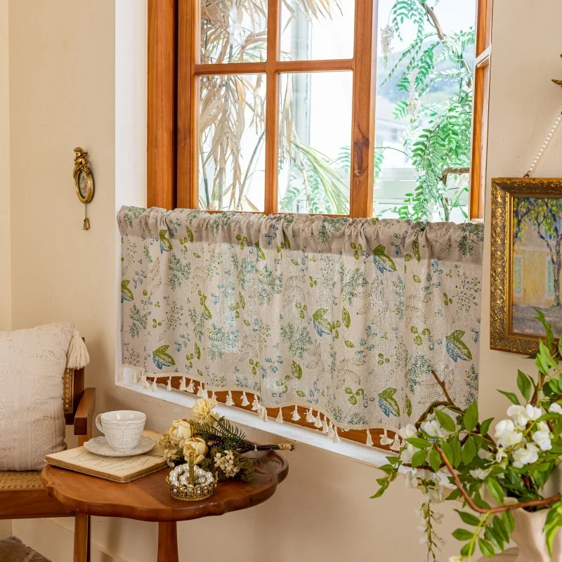 

Window Valance Leave Print Linen Farmhouse Short Kitchen Curtains with Tassel Postal Style Rustic Valances Rod Pocket Room Decor