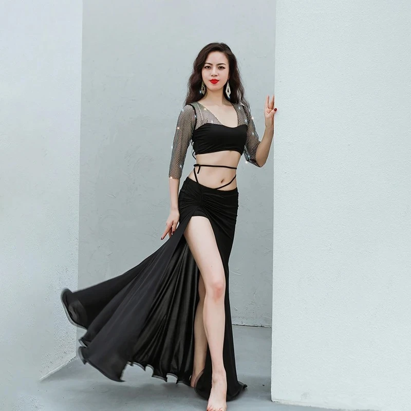 Frauen 2-teiliges orientalisches Tanz-Outfit Mesh halbe Ärmel Eis Beruf Praxis Kleidung Sexy Performance Set Bauchtanz Kostüm