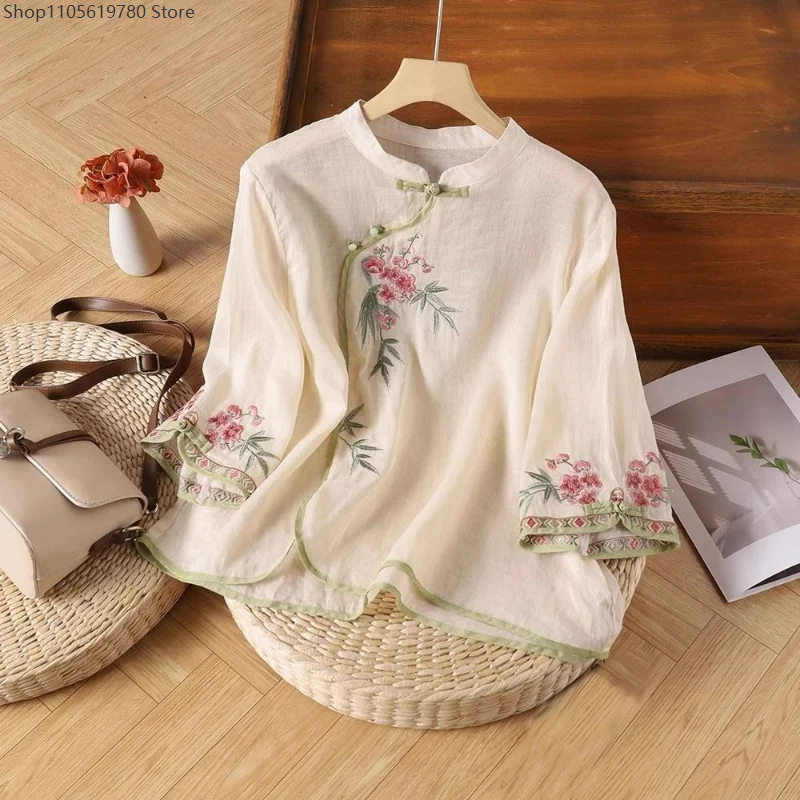 Womens Traditional Chinese Embroidered Linen Top Retro Hanfu Qipao Style Stand Collar Frog Button Summer Blouse Cosplay Outfit