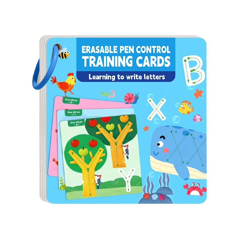 Een set van 30 pagina's oefenkaarten voor kinderen, voor pencontrole, uitgerust met 2 uitwisbare pennen, voor herhaaldelijk schrijfoefenen, inclusief letter- en lijnoefeningen, leermiddelen - afbeelding 2