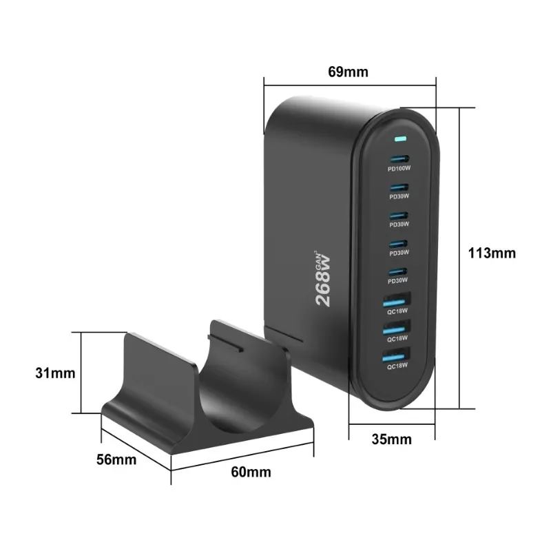 

NEW 268W Gan Fast Charge 3.0 USB Type C Fast Charger Mobile 8-port USB Type C PD Charger Convenient To Carry Tablet Charger